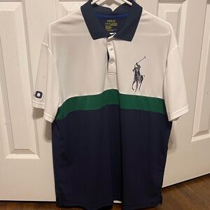 Polo by Ralph Lauren Men's Navy, White, and Green Polo Shirt